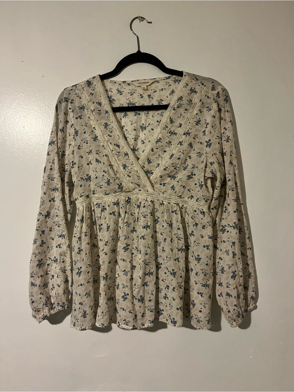 Lucky Brand Cream Peasant Blouse with Blue Floral Print